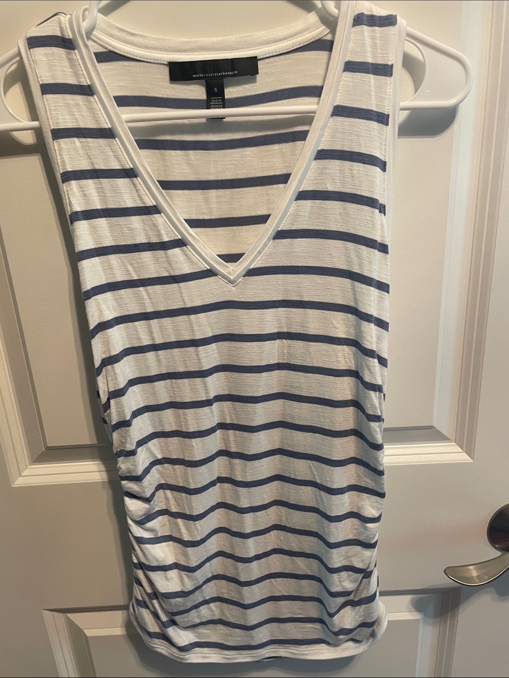 White House Black Market White & Blue Striped V-Neck Tank